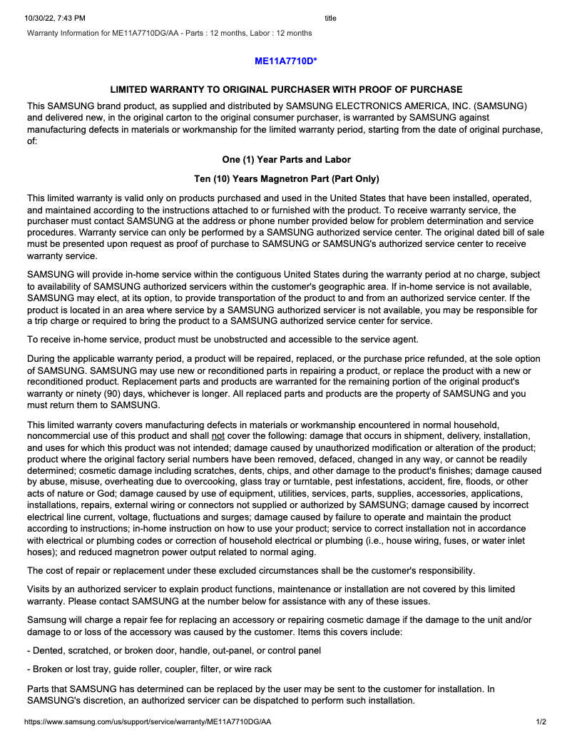 Página 1 del manual Información de garantía Samsung ME11A7710DG