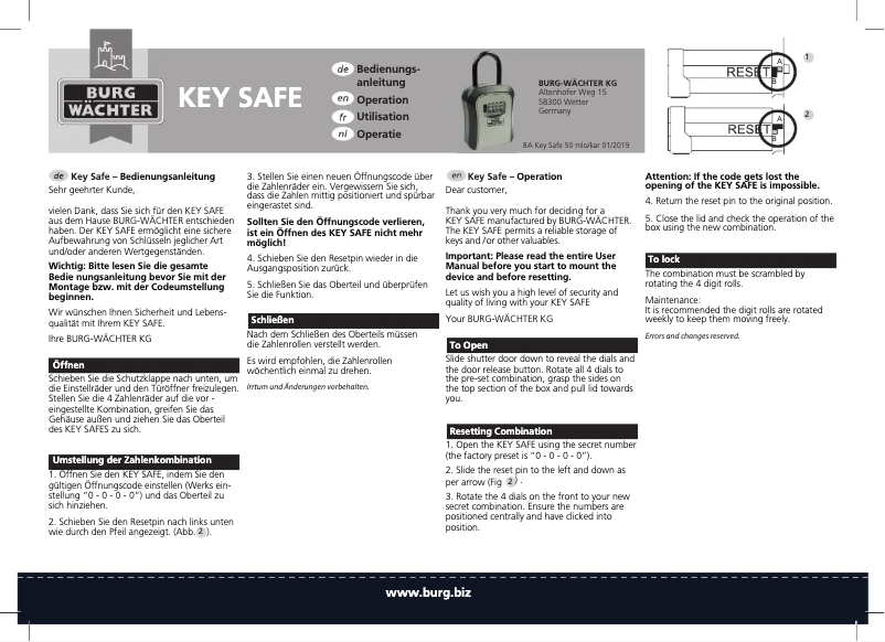 Imagen de la primera página del manual del dispositivo Key Safe 50
