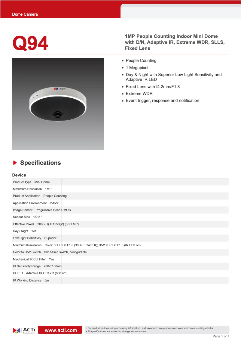 Página 1 del manual Ficha técnica ACTi Q94