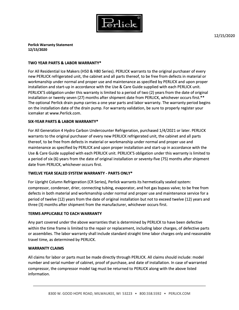 Página 1 del manual Información de garantía Perlick HP24RS-4-5