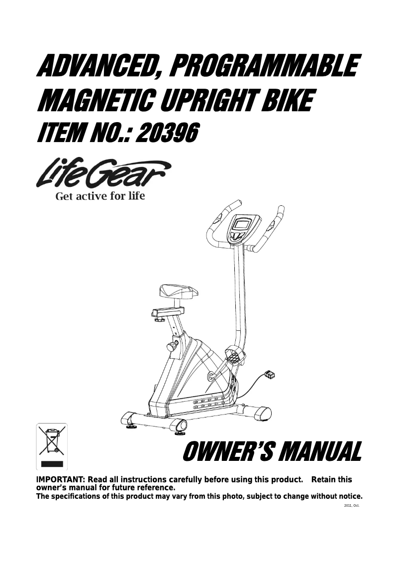 Página 1 del manual Manual de usuario Life Gear Advanced Programable Magnetic Upright Bike 20396