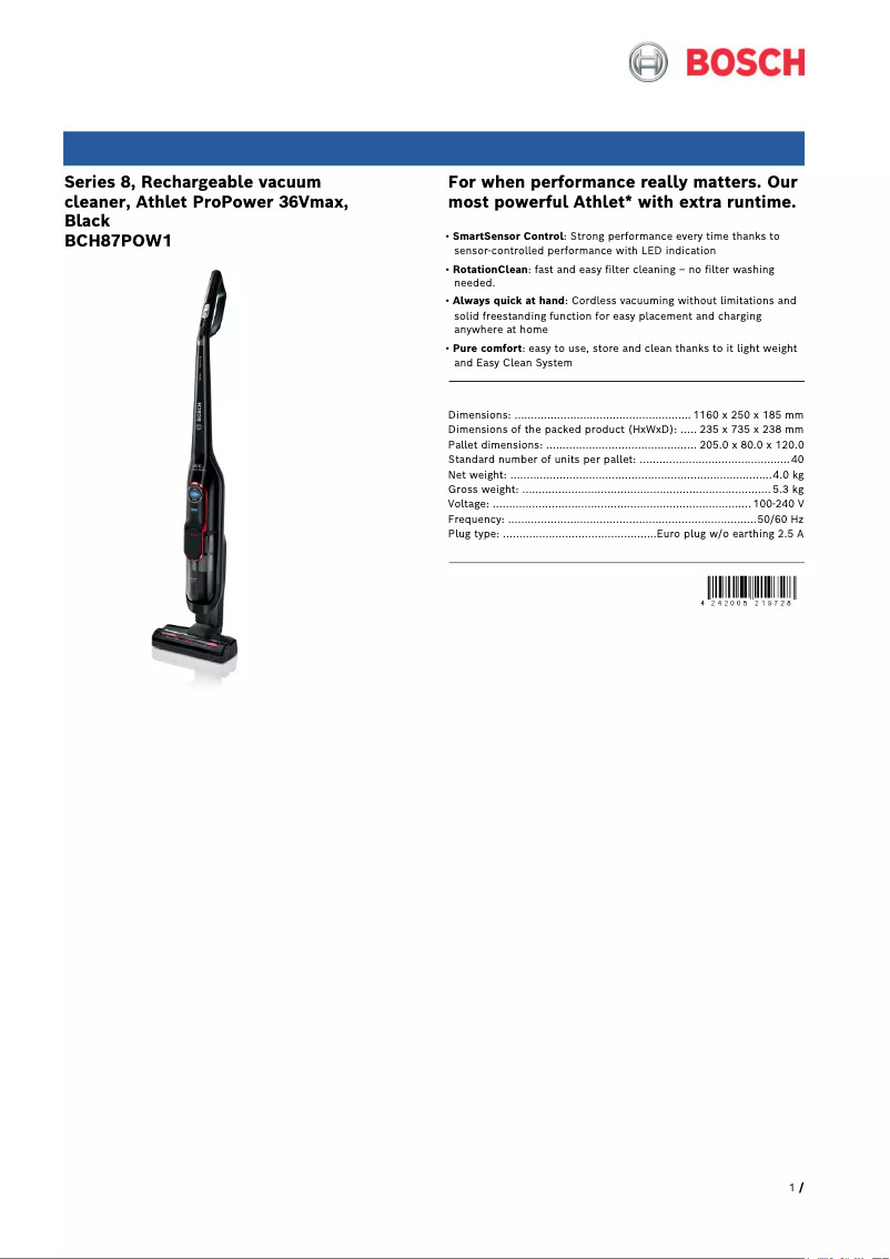 Página 1 del manual Ficha técnica Bosch Athlet ProPower BCH87POW1