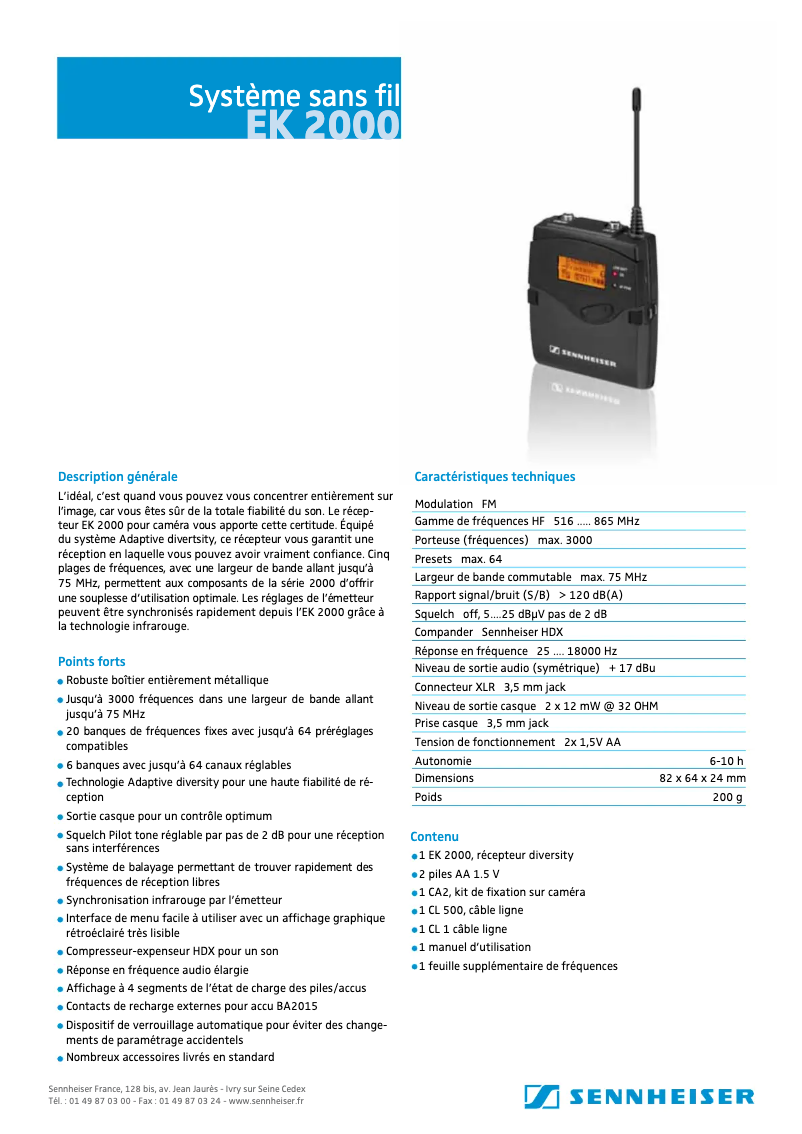 Página 1 del manual Ficha técnica Sennheiser EK 2000