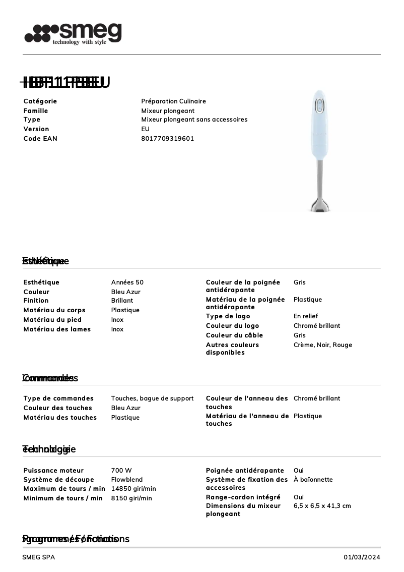 Página 1 del manual Ficha técnica Smeg HBF11