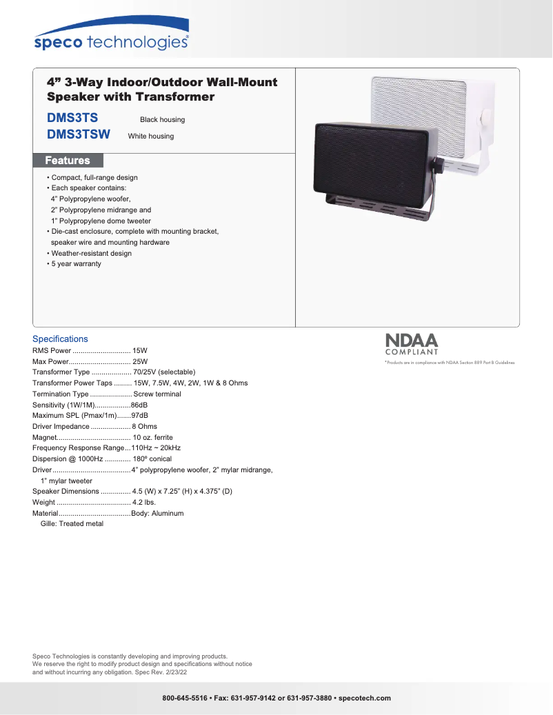 Página nº 1 - Ficha técnica Speco Technologies DMS3TS