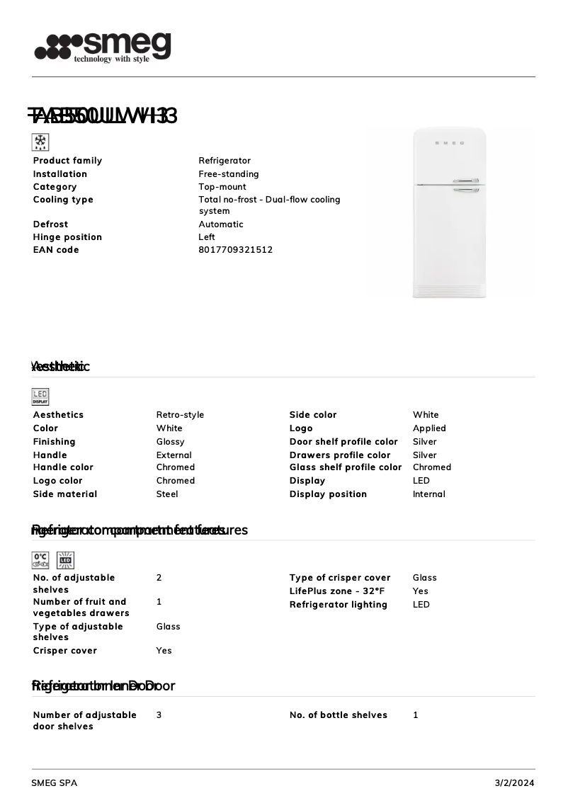 Página 1 del manual Ficha técnica Smeg FAB50ULWH3