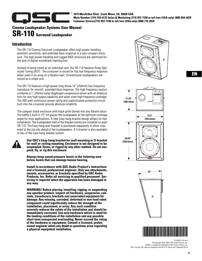 Página nº 1 - Manual de usuario QSC SR-110