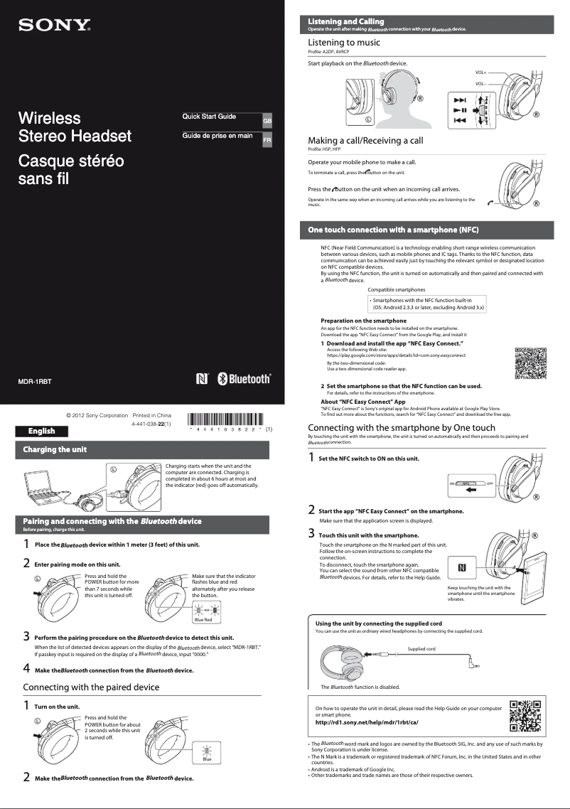 Página 1 del manual Guía de instalación Sony MDR-1RBT