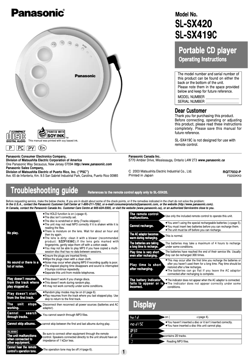 Imagen de la primera página del manual del dispositivo SL-SX419C