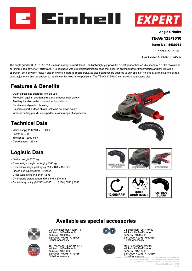 Página 1 del manual Ficha técnica Einhell TE-AG 125/1010