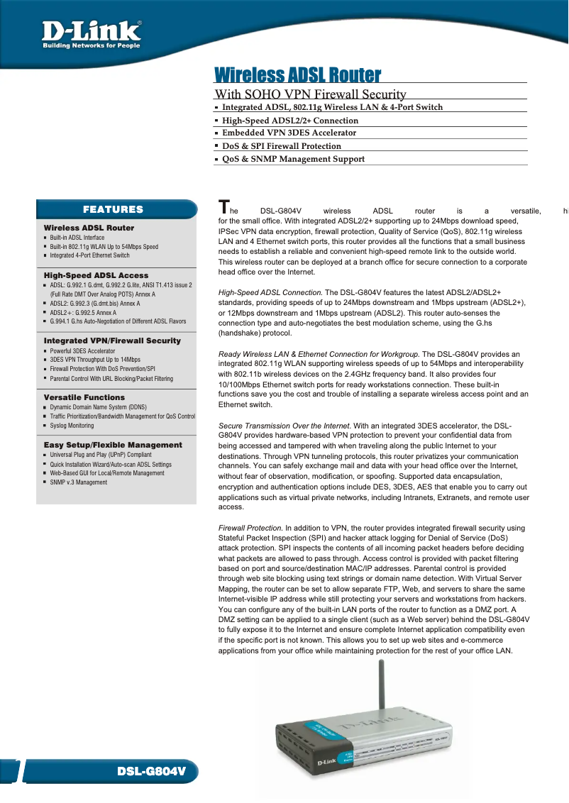 Imagen de la primera página del manual del dispositivo DSL-G804V