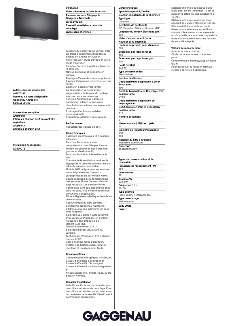 Página 1 del manual Ficha técnica Gaggenau AW270192