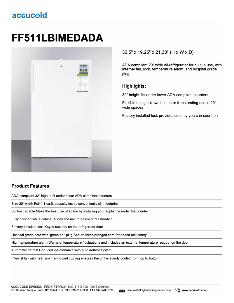 Página 1 del manual Ficha técnica Summit Accucold FF511LBIMEDADA