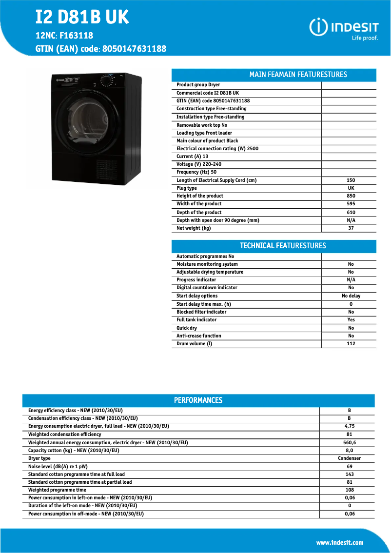 Página 1 del manual Ficha técnica Indesit I2 D81B UK