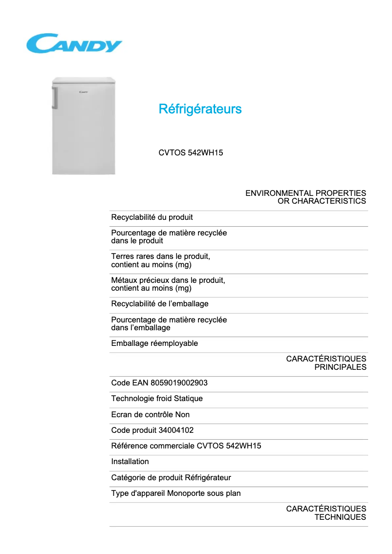 Imagen de la primera página del manual del dispositivo CVTOS 542WH15