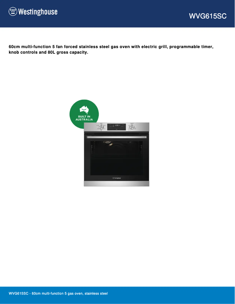 Página 1 del manual Ficha técnica Westinghouse WVG615SC