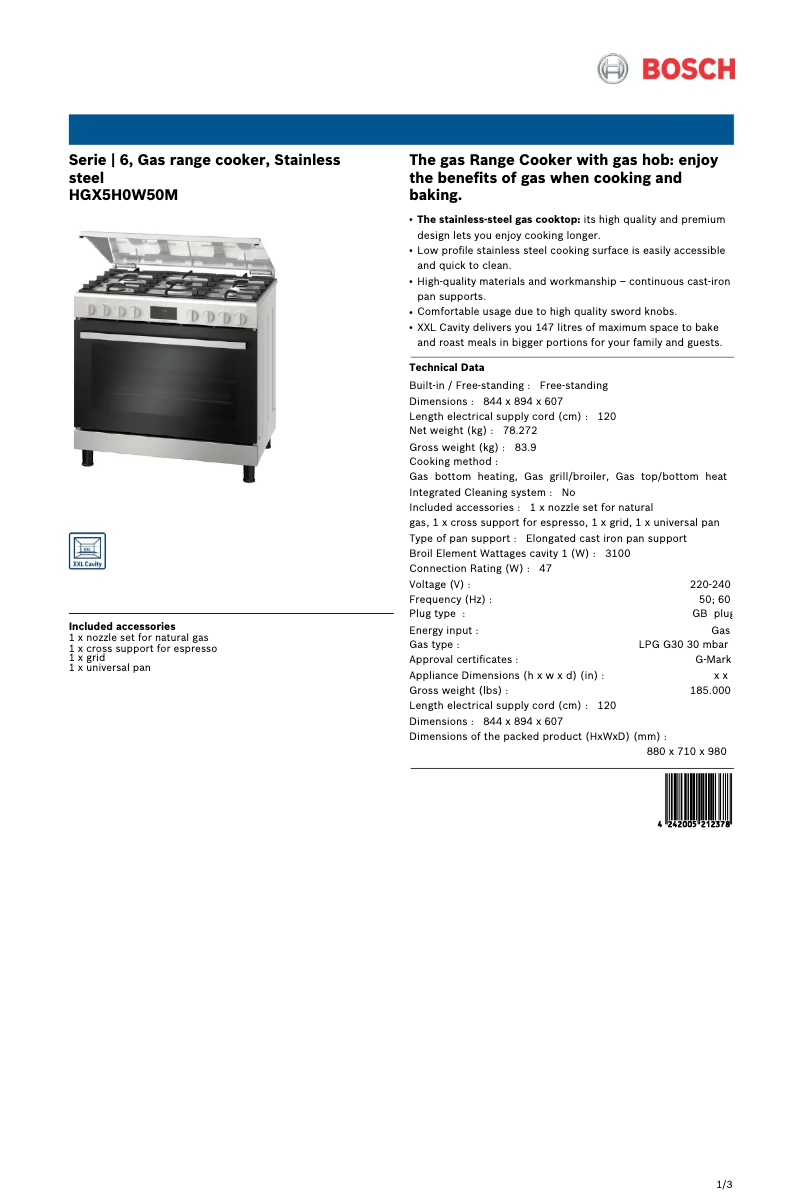 Página nº 1 - Ficha técnica Bosch HGX5H0W50M