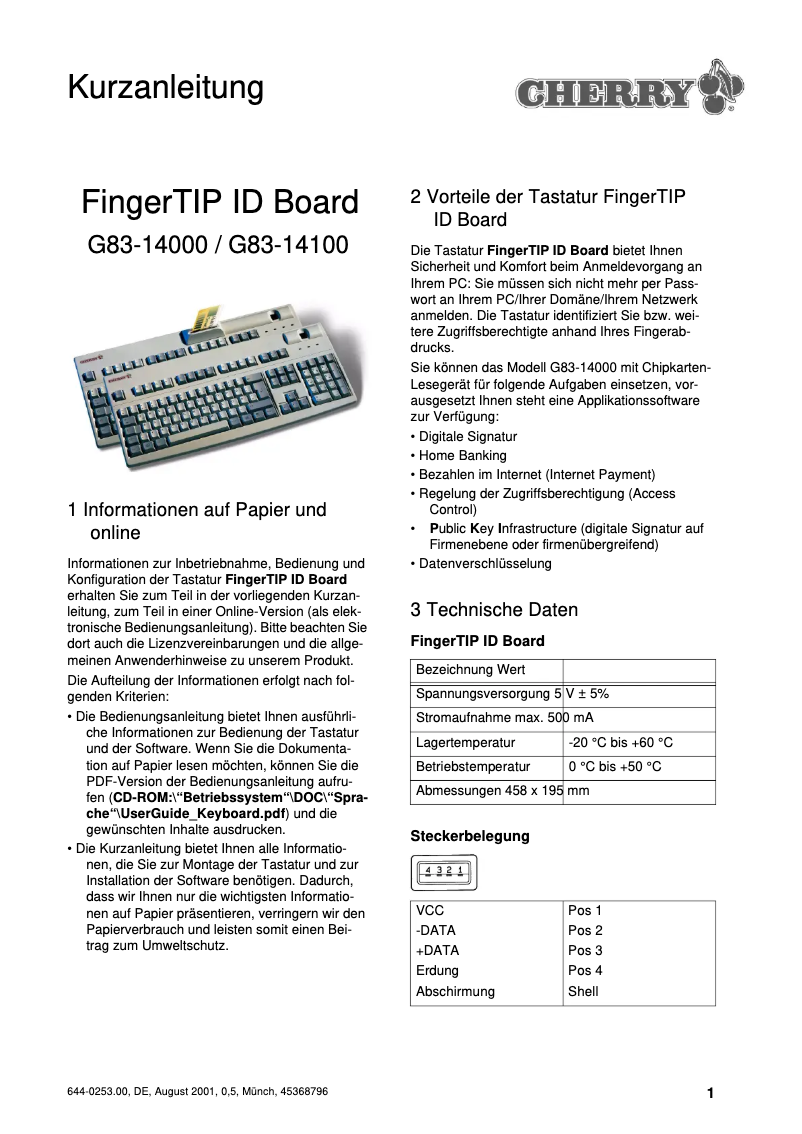 Página 1 del manual Manual de usuario Cherry FingerTIP ID Board G83-14000