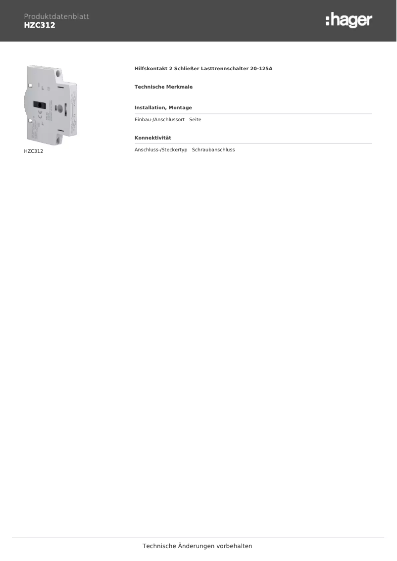 Página 1 del manual Ficha técnica Hager HZC312