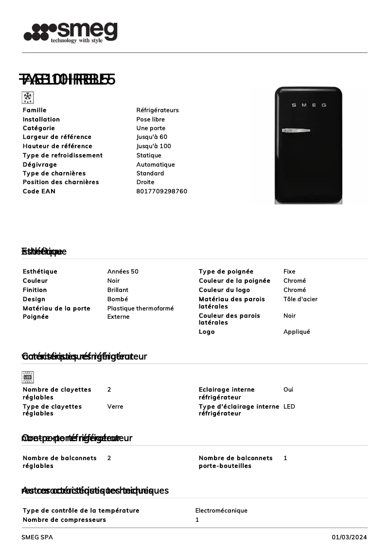 Página 1 del manual Ficha técnica Smeg FAB10HRBL5