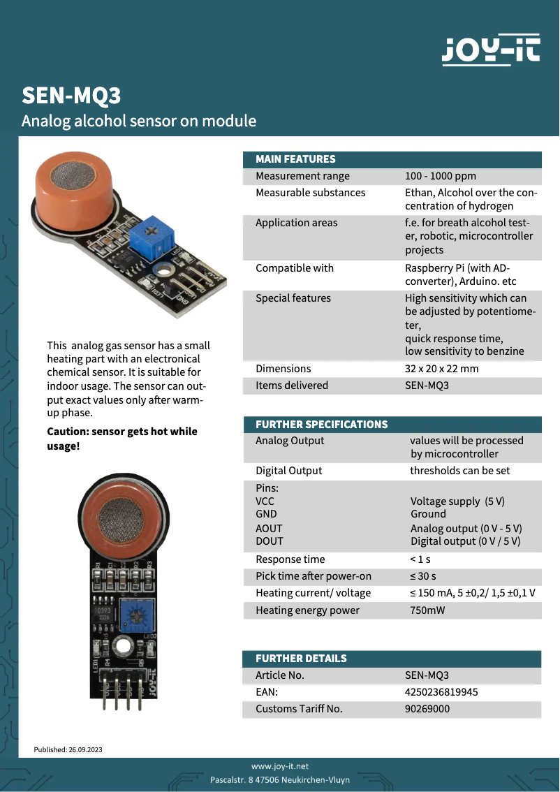 Página 1 del manual Ficha técnica Joy-It SEN-MQ3