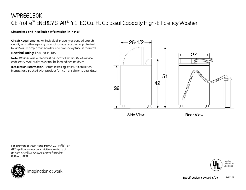 Página 1 del manual Ficha técnica GE WPRE6150KWT