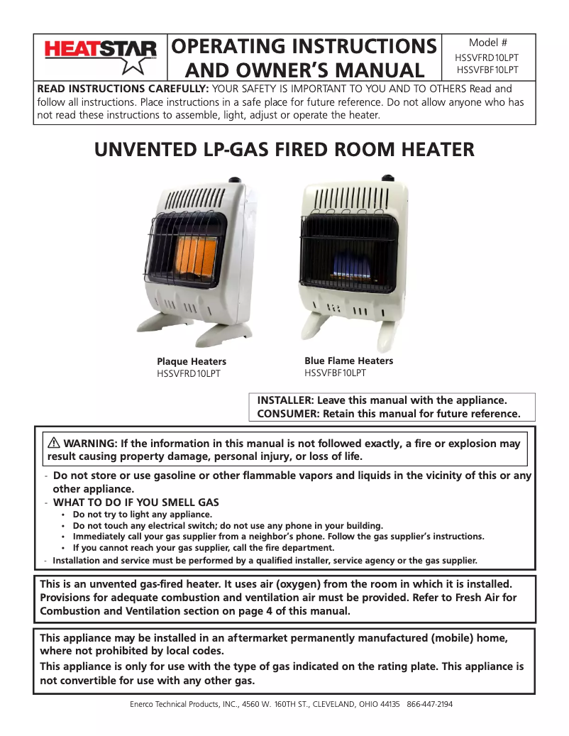 Página 1 del manual Manual de usuario HeatStar HSSVFRD10LPT