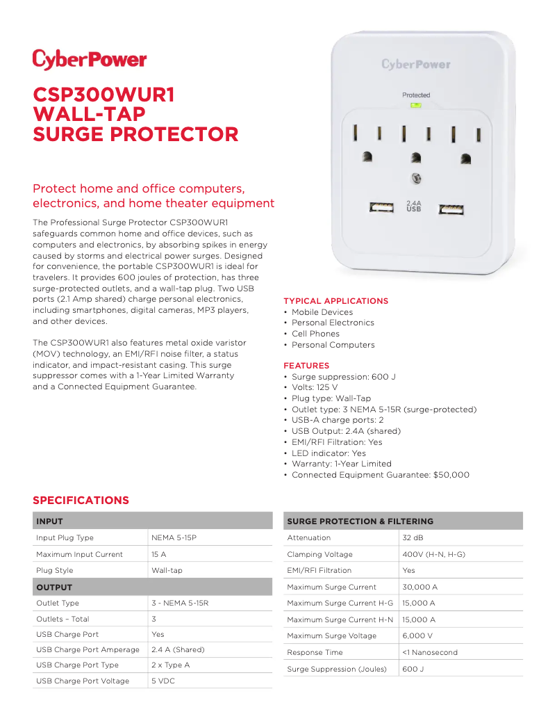 Página 1 del manual Ficha técnica CyberPower Professional CSP300WUR1