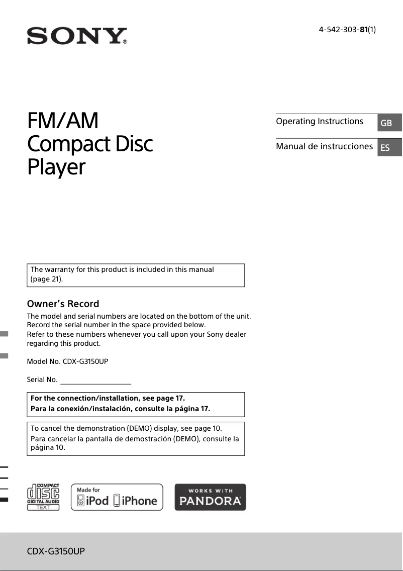 Página nº 1 - Manual de usuario Sony CDX-G3150UP