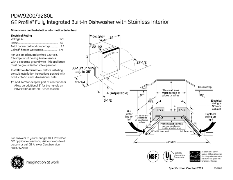 Página 1 del manual Ficha técnica GE Profile PDW9280LSS
