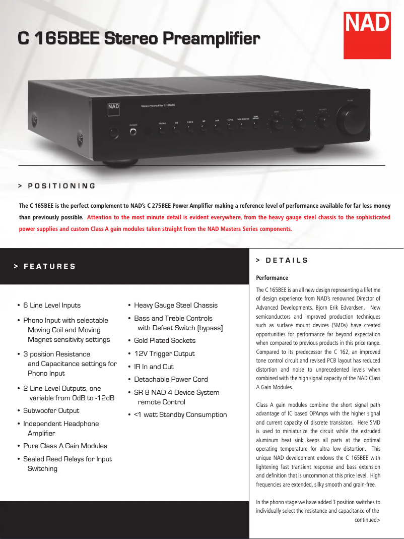 Página 1 del manual Ficha técnica NAD C 165BEE
