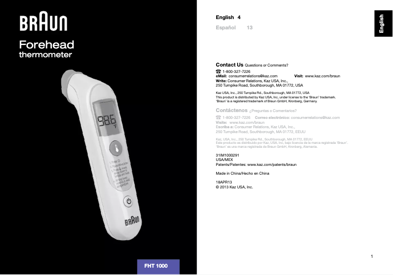 Imagen de la primera página del manual del dispositivo FHT1000US
