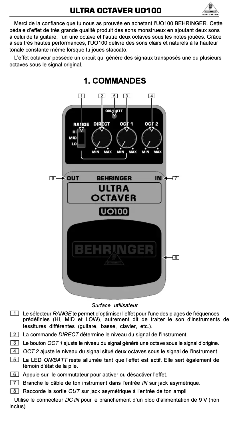Imagen de la primera página del manual del dispositivo Ultra Octaver UO100