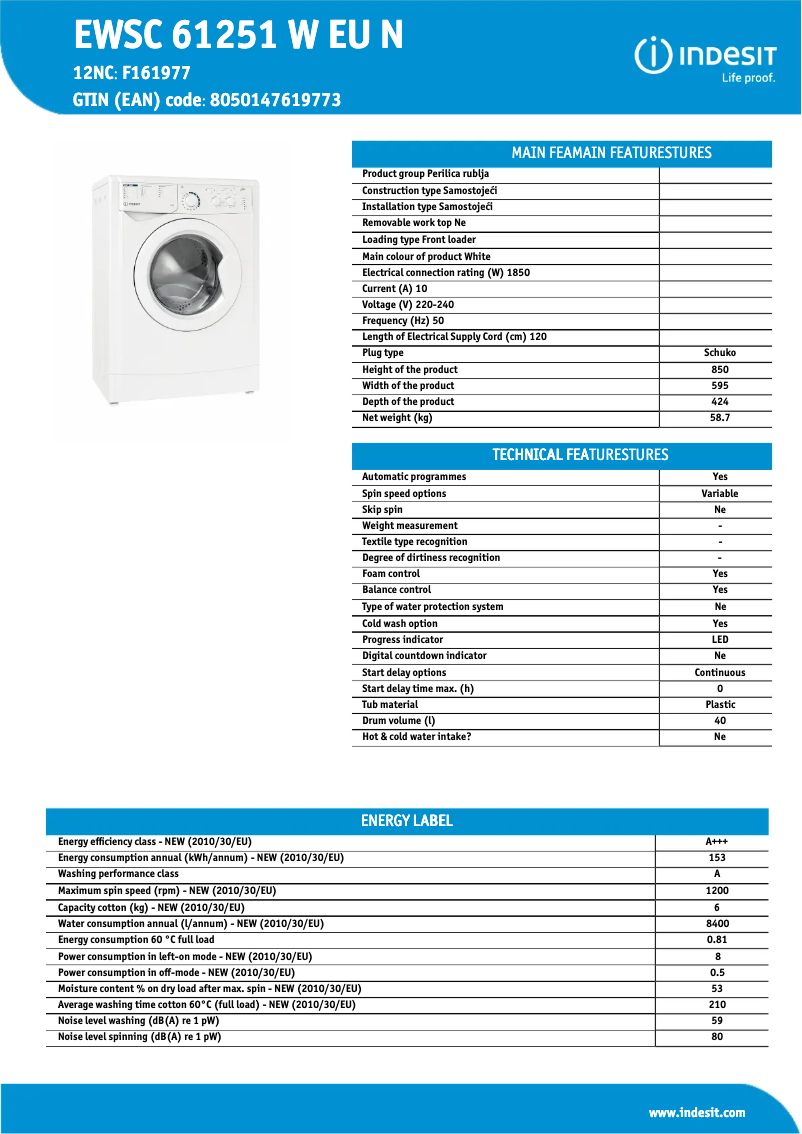 Página 1 del manual Ficha técnica Indesit EWSC 61251 W EU N