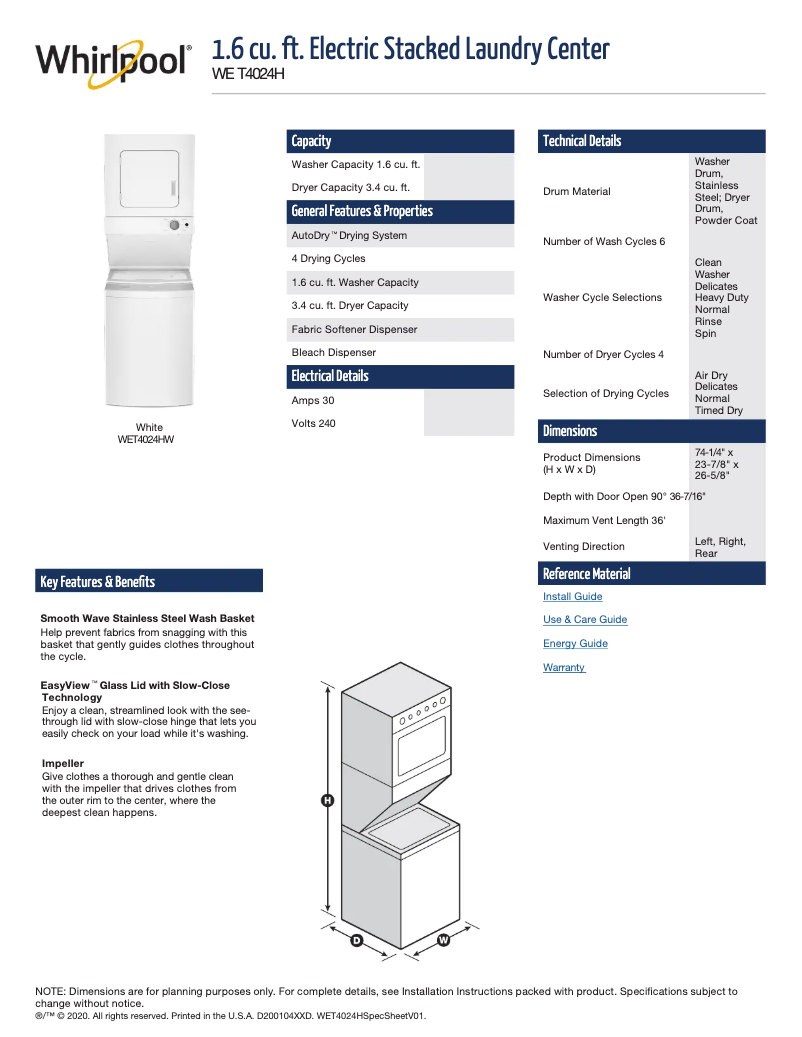 Página 1 del manual Ficha técnica Whirlpool WET4024HW