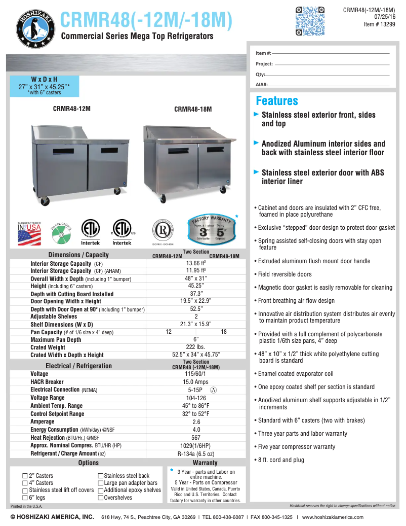 Página 1 del manual Ficha técnica Hoshizaki CRMR48-12M