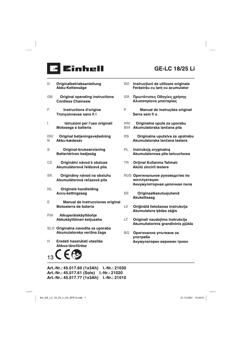 Página 1 del manual Manual de usuario Einhell GE-LC 18/25 Li