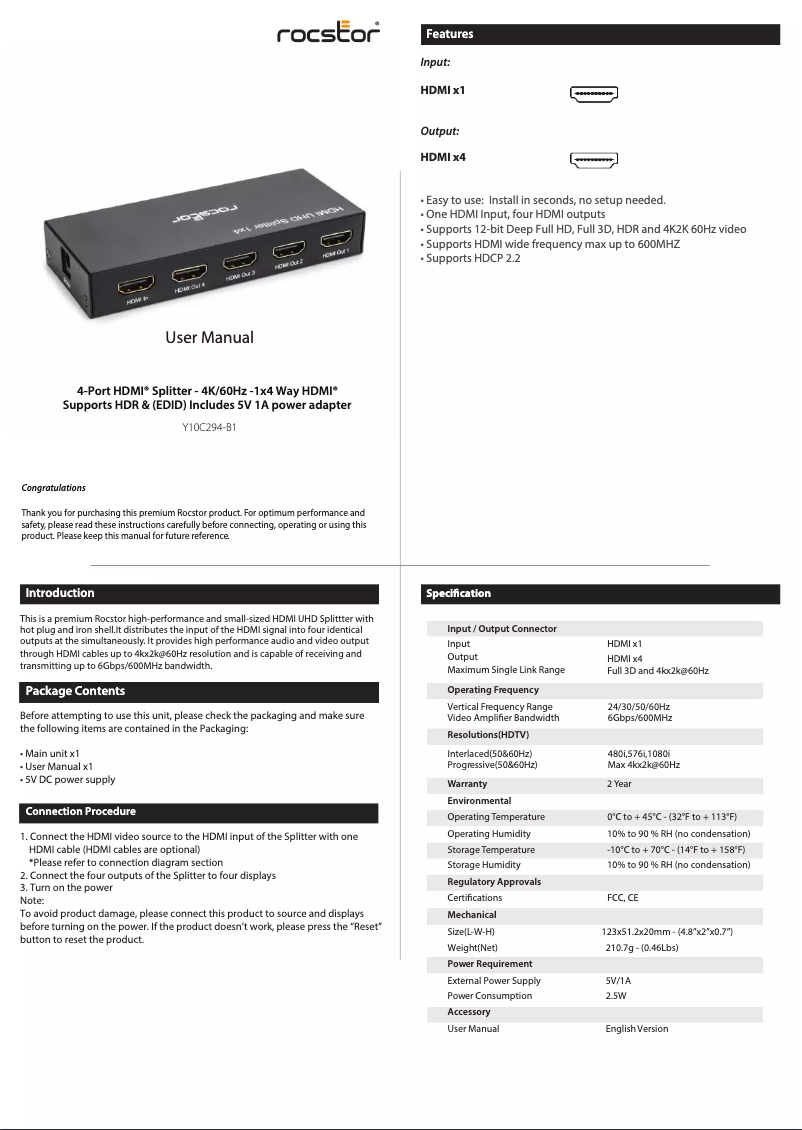 Imagen de la primera página del manual del dispositivo Y10C294-B1
