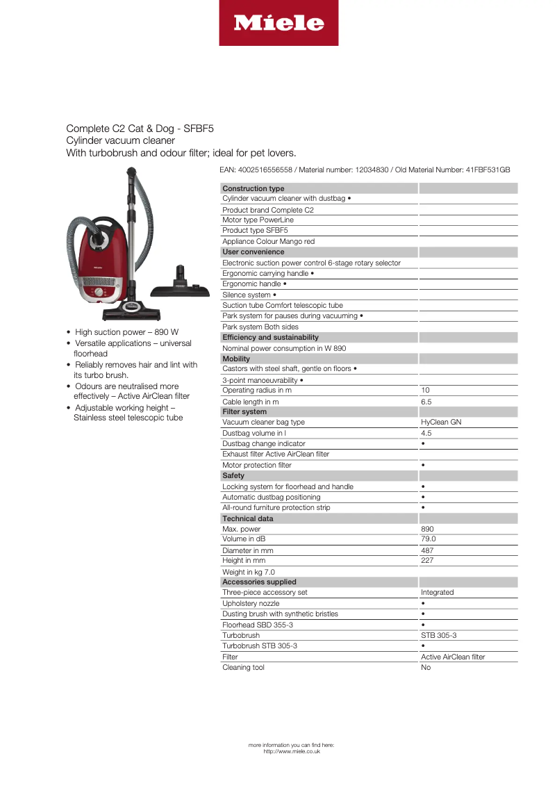 Página 1 del manual Ficha técnica Miele Complete C2 Cat & Dog
