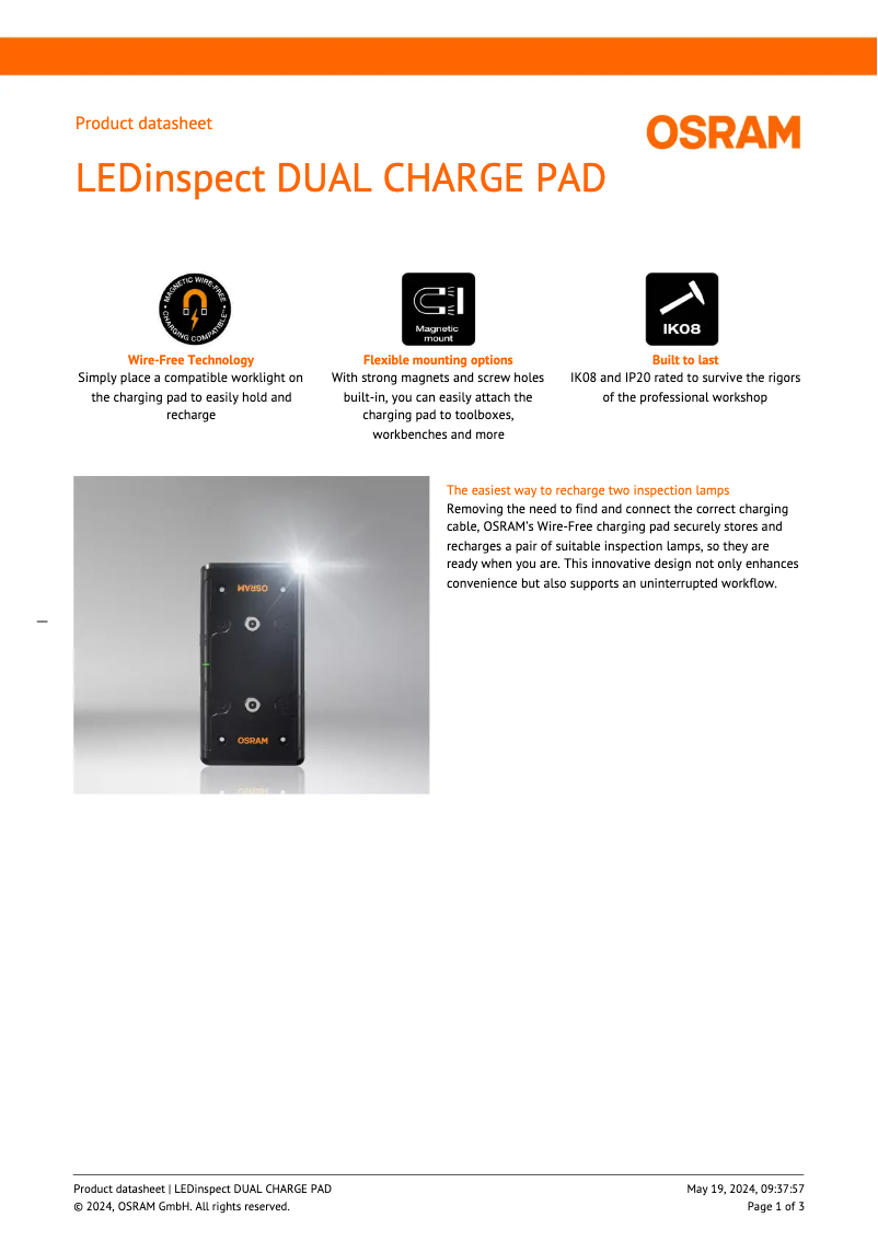 Imagen de la primera página del manual del dispositivo LEDinspect DUAL CHARGE PAD