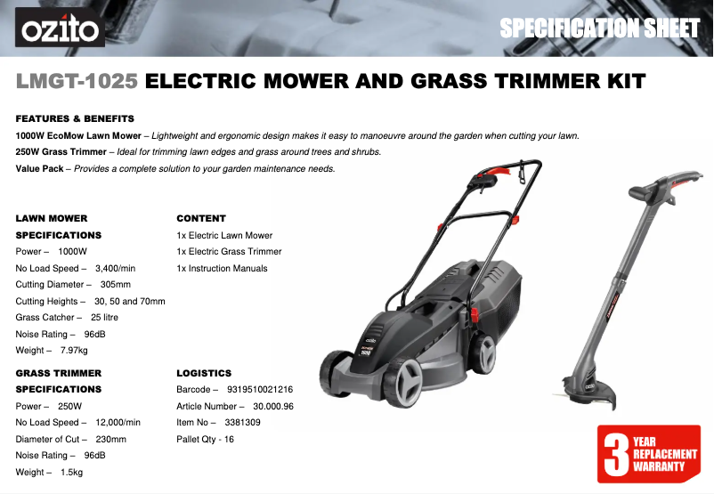 Página nº 1 - Ficha técnica Ozito LMGT-1025