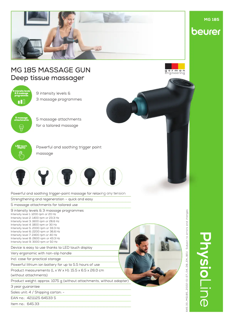 Página 1 del manual Ficha técnica Beurer MG 185