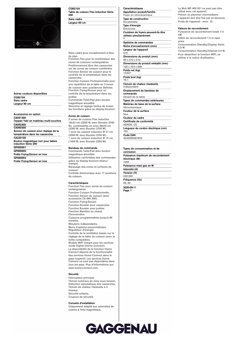 Página 1 del manual Ficha técnica Gaggenau CI262104