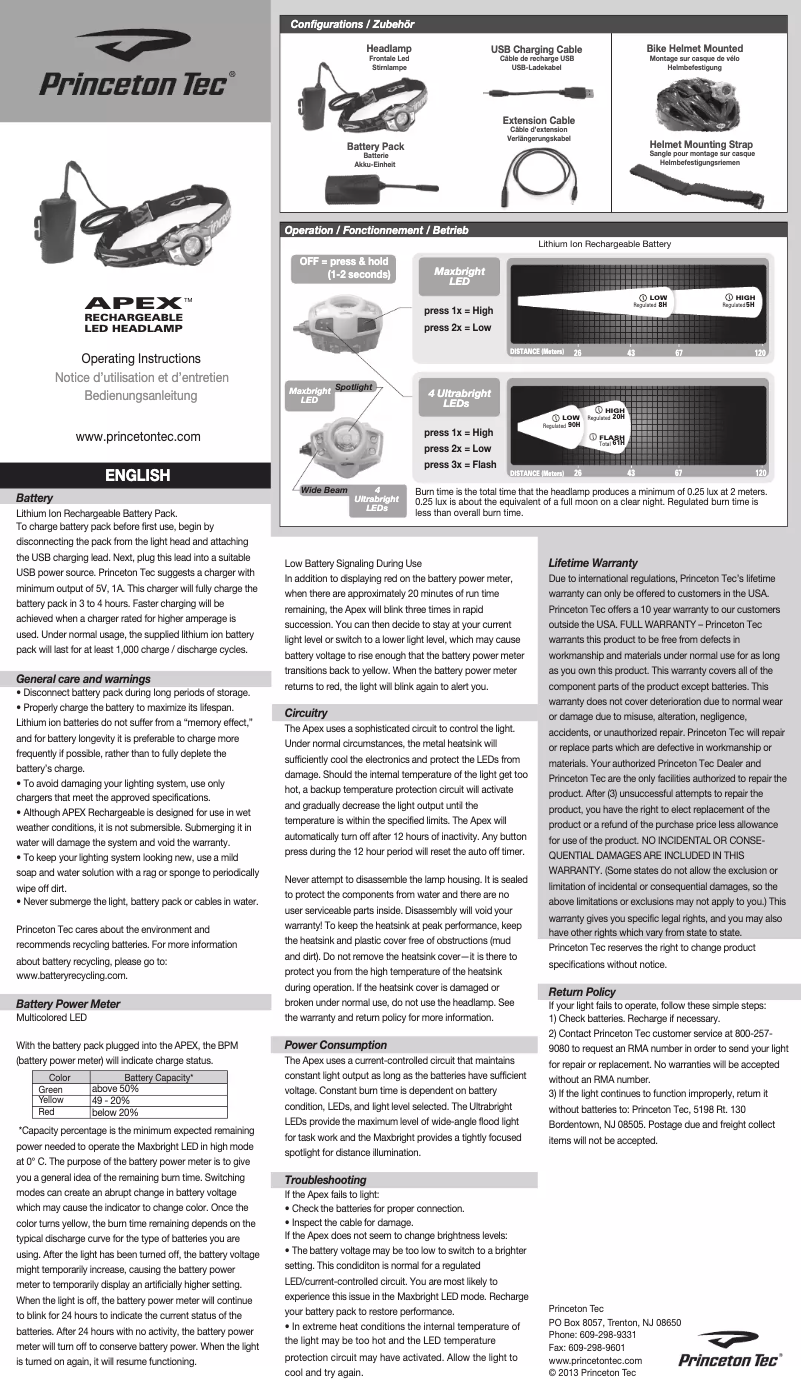 Página 1 del manual Manual de usuario Princeton Tec Apex Recharheable