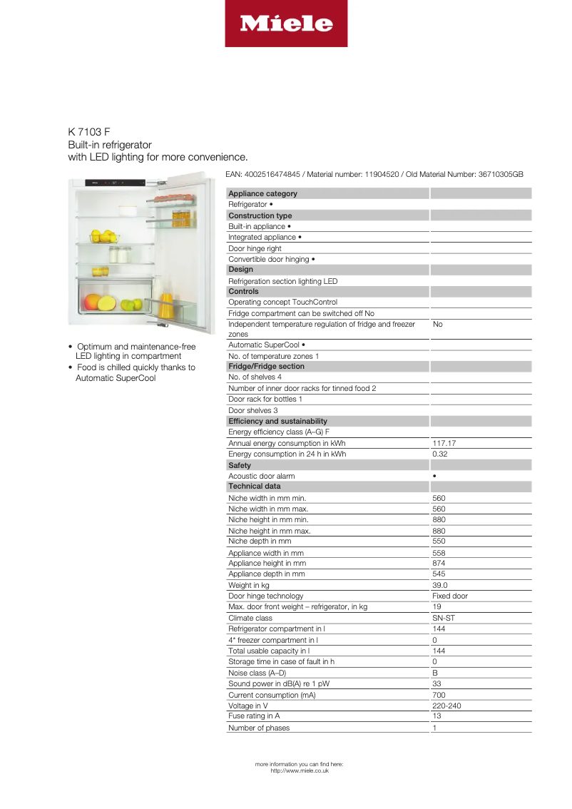 Página 1 del manual Ficha técnica Miele K 7103 F Selection