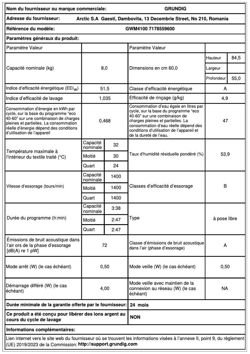 Página 1 del manual Ficha técnica Grundig GWM4100
