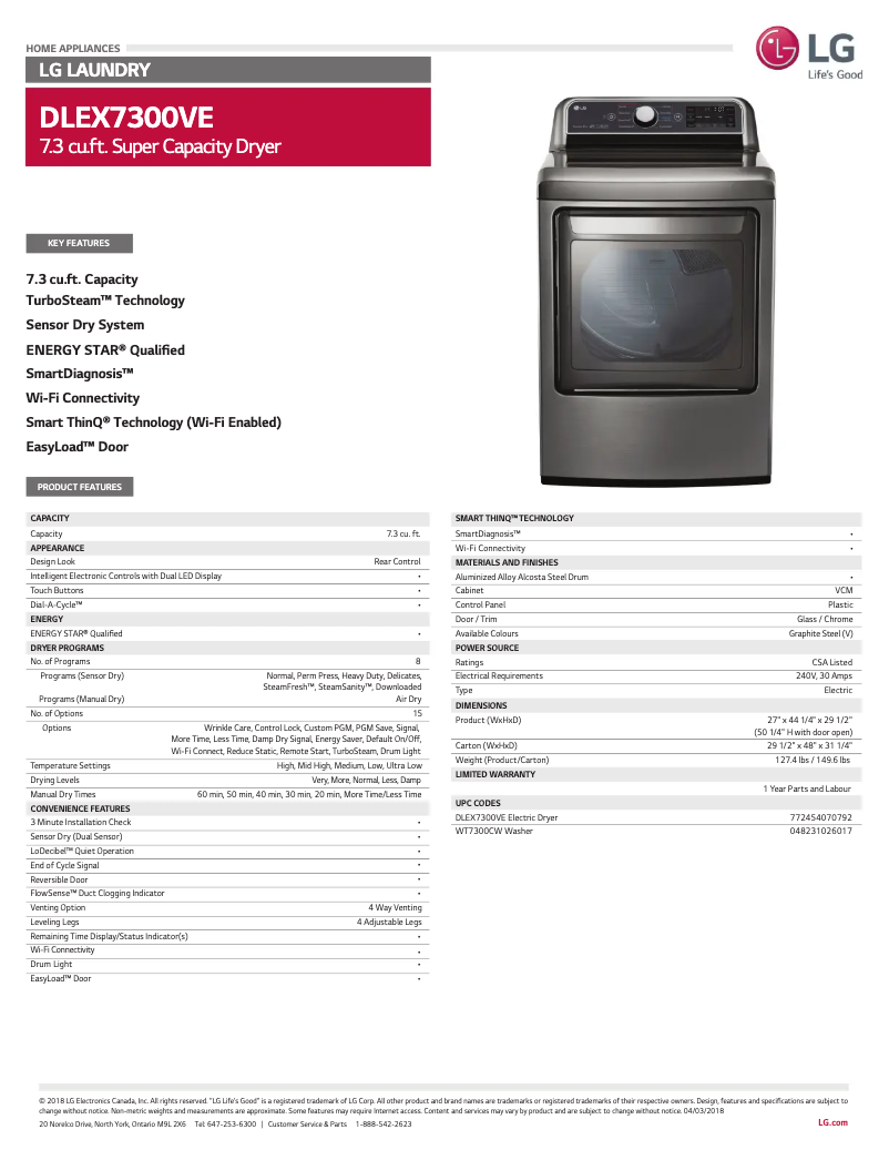 Página 1 del manual Ficha técnica LG DLEX7300VE