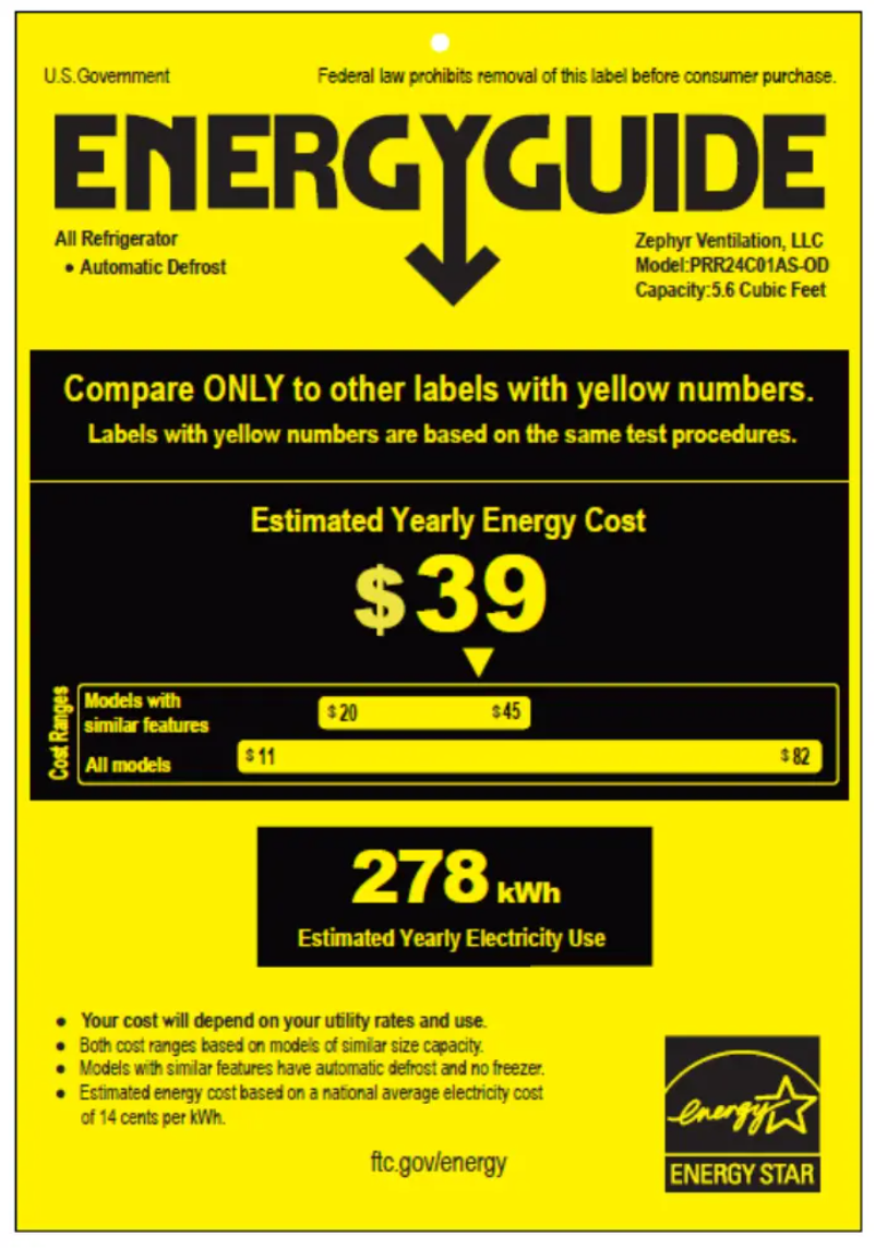 Página 1 del manual Etiqueta energética Zephyr Presrv PRR24C01AS-OD