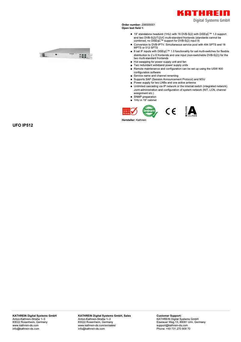 Página 1 del manual Ficha técnica Kathrein UFO IP512