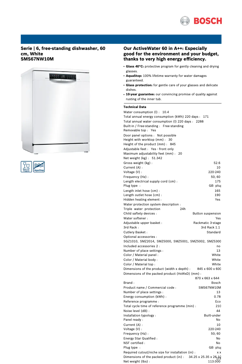Página nº 1 - Ficha técnica Bosch SMS67NW10M